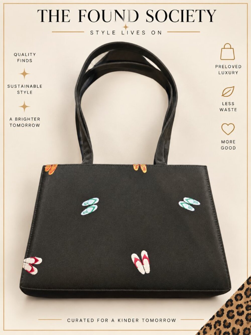 Black Embroidered Flip Flop Tote Bag Summer Beach Vacation Purse